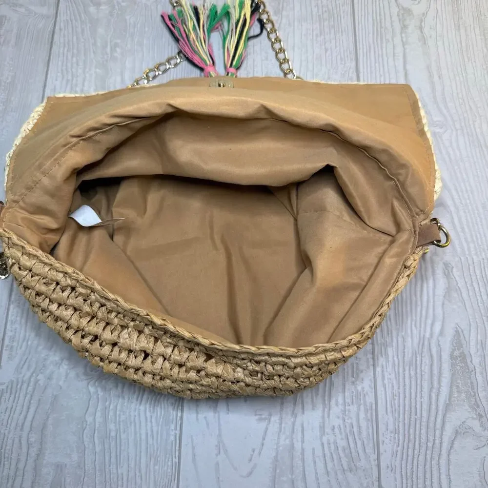 Women's Paper Straw Natural Crossbody Purse Bag With Chain Strap Summer Beach